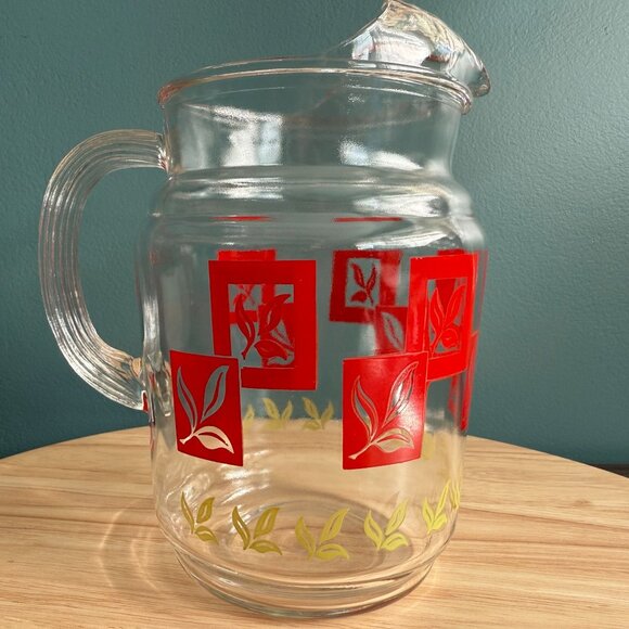 Federal Glass Co Set Juice Pitcher and Glasses Art Deco Red Yellow Mid Century - Picture 4 of 16